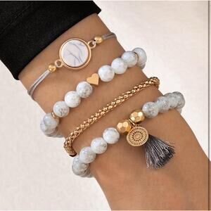 4PC Boho Turkish Multilayer Gray Marble Beaded Gold Tone Bracelet Jewelry Set
